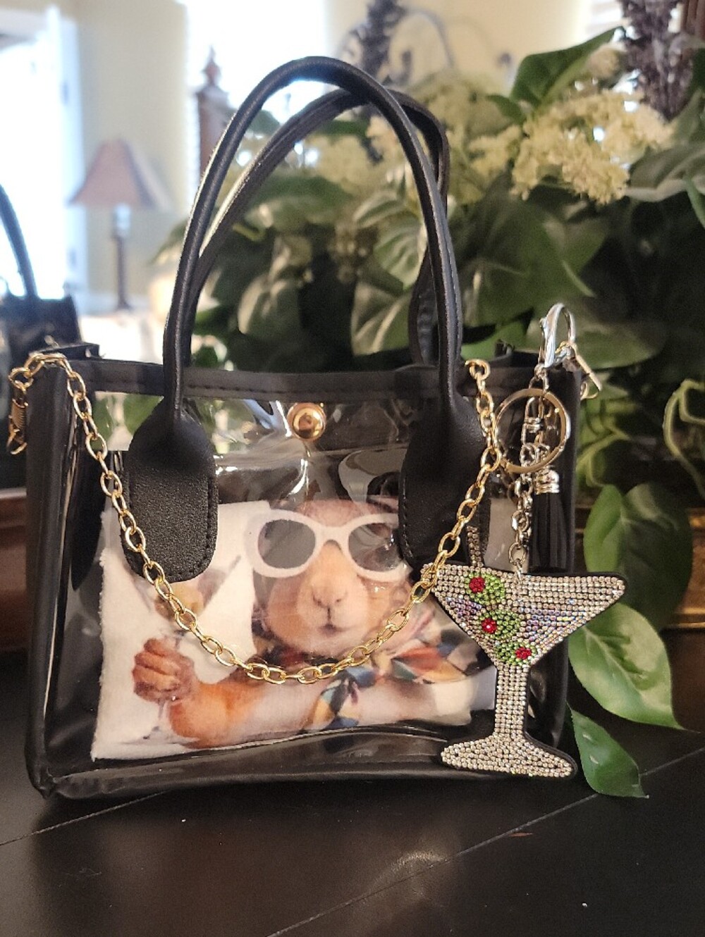 GIFTABLE TOTES Clear Black Tote Handbag and Martini Charm & Squirrel Hand Towel